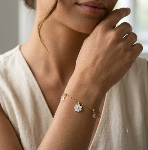 Bracelet fleurs cristaux et pétale eclat en acier inoxydable